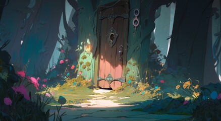 Fototapeta premium Mystical Portal in the Enchanted Forest: A Magical Anime-Inspired Wallpaper for Fans of Whimsical Wonders