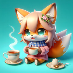 Chibi Fox with a Cup of Tea
