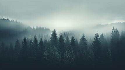 Fir forest in mist, hipster retro style, cool tones, serene and calm, plenty of copy space