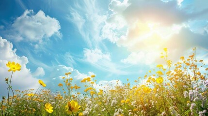 Obraz premium Yellow and blooming wildflowers in summer sky with clouds