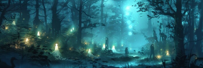Obraz premium Mystical Animated Forest: A Luminous Realm of Glittering Souls and Enchanted Canopy
