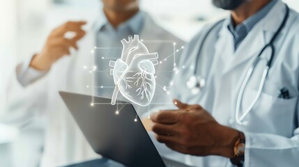 Cardiologist using a laptop to show heart imaging results to a patientimaging results, patient explanation