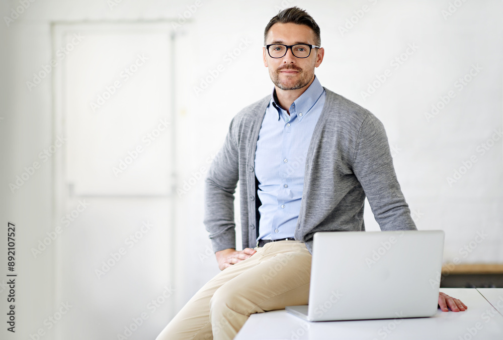 Aufkleber Laptop, office and portrait of businessman with glasses for it support in startup company. Smile, pride and male software engineer with computer for troubleshooting online for cloud computing systems