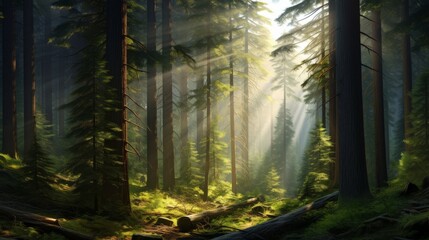 Fototapeta premium Green forest of ancient spruce, fir, and pine trees, light streaming through canopy