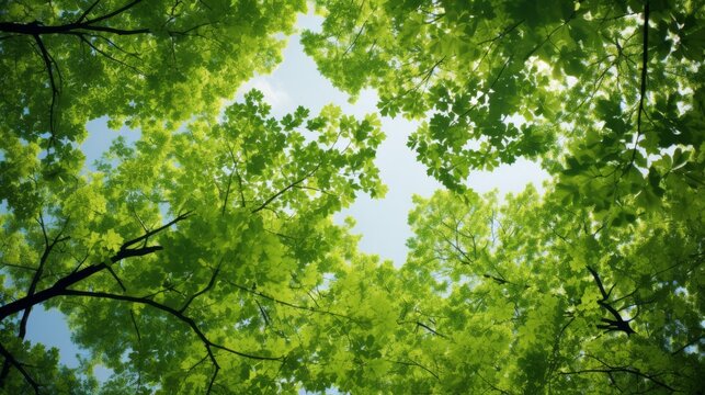 Green tree canopy in full bloom, viewed from beneath on a clear day