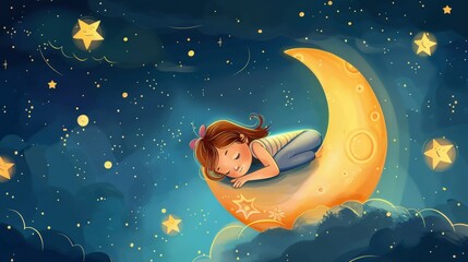 Illustration of baby girl sleeping on the moon among the stars, Child lullaby