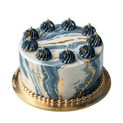 Elegant marbled cake with blue and gold decor, perfect for celebrations and festive occasions.