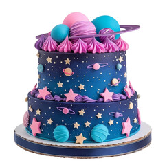 A whimsical space-themed cake featuring colorful planets, stars, and swirls, perfect for parties and celebrations.