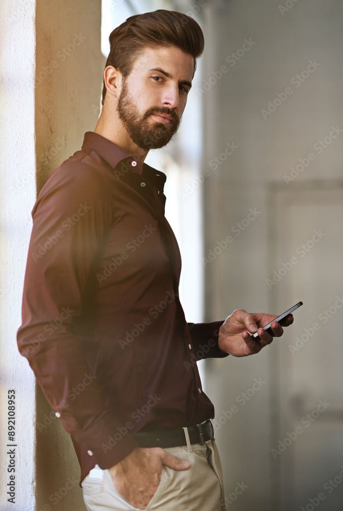 Aufkleber creative, man and portrait with smartphone in workplace for client feedback, project updates and tim