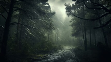 Fototapeta premium Intense rain and gusty winds in a forest, trees swaying violently