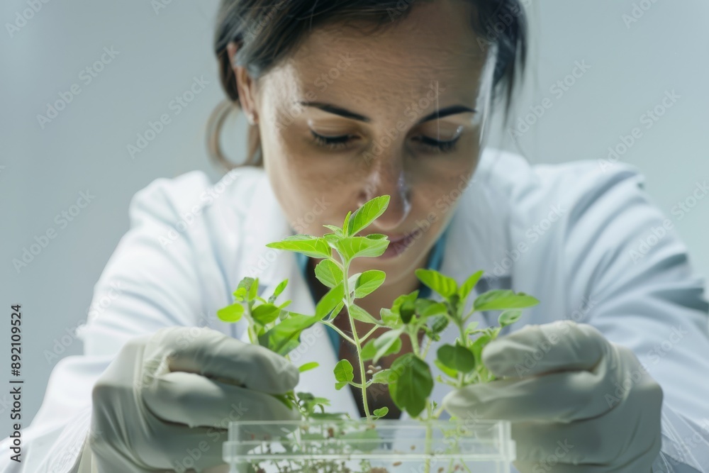 Aufkleber laboratory scientist inspecting young plants in a glass container isolated on white background