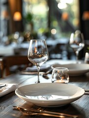 A close-up of a table setting in a restaurant, featuring a white plate, wine glass, and candle holder. The background is blurred, suggesting a bustling atmosphere.