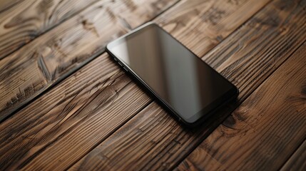 Fototapeta premium Close up of smartphone on wooden table with room for text