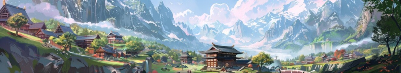 Obraz premium Tranquil Anime-Style Village: A Peaceful Rural Idyll in a Whimsical, Artistic Landscape