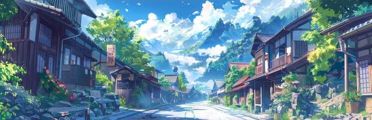 Obraz premium Tranquil Anime-Style Village: A Peaceful Rural Idyll in a Whimsical, Artistic Landscape