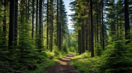 Obraz premium Lush forest of towering spruce, fir, and pine trees, vibrant green foliage, natural beauty