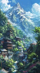 Obraz premium Tranquil Anime-Style Village: A Peaceful Rural Idyll in a Whimsical, Artistic Landscape