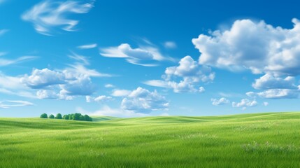 Fototapeta premium Lush green grass meadow under a bright blue sky with soft white clouds