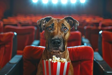 A dog is sitting in a movie theater and eating popcorn