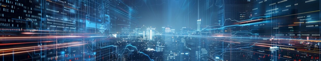 Fototapeta premium Futuristic Cityscape of Predictive Analytics: A Visual Tapestry of Financial Forecasts and Investment Trends