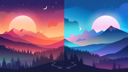 Sunset mountain landscape flat design front view evening theme cartoon drawing Splitcomplementary color scheme