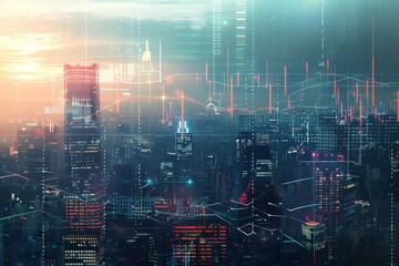 Obraz premium Futuristic Cityscape of Predictive Analytics: A Visual Tapestry of Financial Forecasts and Investment Trends