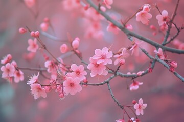 Obraz premium Pink cherry blossoms in full bloom on a branch with a soft background. Perfect for springthemed designs, nature backgrounds, and floral illustrations