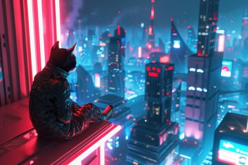 Fototapeta premium A cat is sitting on a ledge in a city at night
