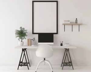 Minimalist Home Office Workspace with Black Frame and White Desk. 3D Rendering Mock up