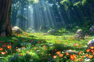 Obraz premium beautiful jungle landscape nature digital art scene illustration, morning view with colorful cool bluish effect and clouds with bright sky through foggy, greeny mountain range coved with forest