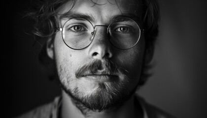 A man with glasses and a beard is looking at the camera. AI.