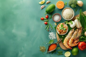A table with a variety of food items including shrimp, tomatoes, and vegetables