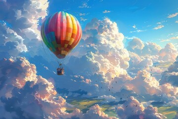 Fototapeta premium Creates a whimsical and fantastical scene of a rainbow-colored hot air balloon adventure.