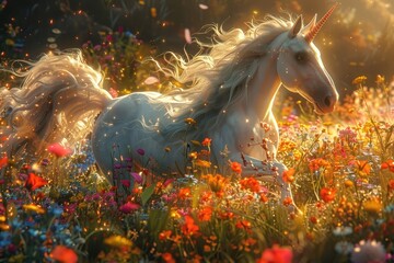 Evokes a sense of magic and wonder with a unicorn prancing through a field of rainbow-colored flowers.