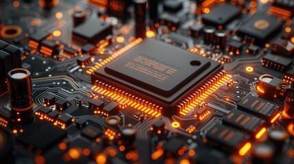 Close-up of a computer motherboard with glowing circuits and a microchip, showcasing advanced technology and electronic components.