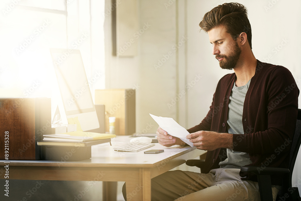 Poster small business, businessman and paperwork for project, planning and creative networking in office. w