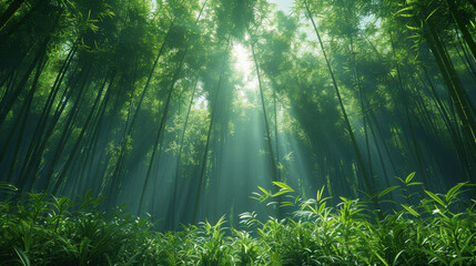 Fototapeta premium A low angle view of a bamboo forest with sunbeams piercing through the foliage. The lush green leaves and tall bamboo stalks create a sense of tranquility and mystery. 