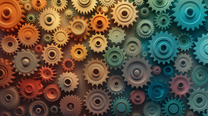 A colorful image of many gears with a variety of colors