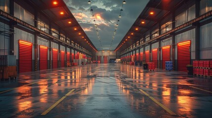 Long warehouse aisle with red doors and reflective puddles on the floor under dramatic evening sky, perfect for industrial stock images.