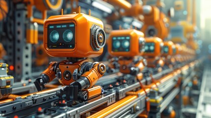 Orange robots on an automated assembly line in a futuristic factory, demonstrating advanced technology and efficient manufacturing processes.