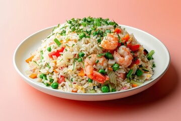 A plate of food with shrimp and vegetables on a yellow background
