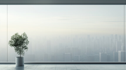 Obraz premium A potted plant sits in front of a window overlooking a city