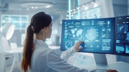 Obraz premium Futuristic Woman Working in Office with Advanced GUI. generative AI