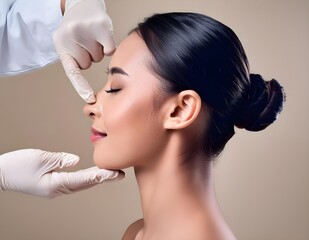 Surgeon touching woman nose, consulting before rhinoplasty operation on beige background
