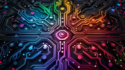 Abstract colorful circuit board with glowing lights.  Technology concept.