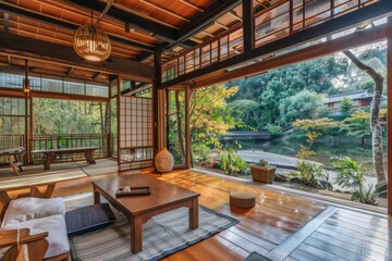 Fototapeta premium Tranquil Anime-Style Riverside Retreat: A Peaceful Getaway in a Serene and Whimsical Waterfront Setting