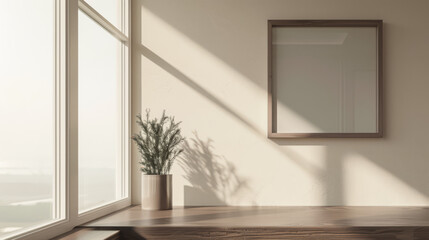 Fototapeta premium Room interiors with a mirror next to a large window filling the room with lighting in beige warm colors. Stylish residential interiors composition with copy space.