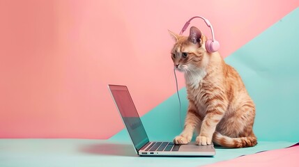 Fototapeta premium An ashen cat in earphones sits and works with a laptop isolated on colorful background