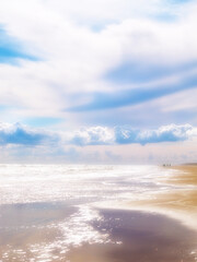 Clouds, sky and sunrise with landscape of beach for travel location, holiday or vacation in Norway. Horizon, water or foam with background of natural environment with sea shore for tropical adventure