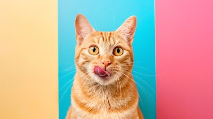 An orange tabby cat with her tongue out isolated on colorful background